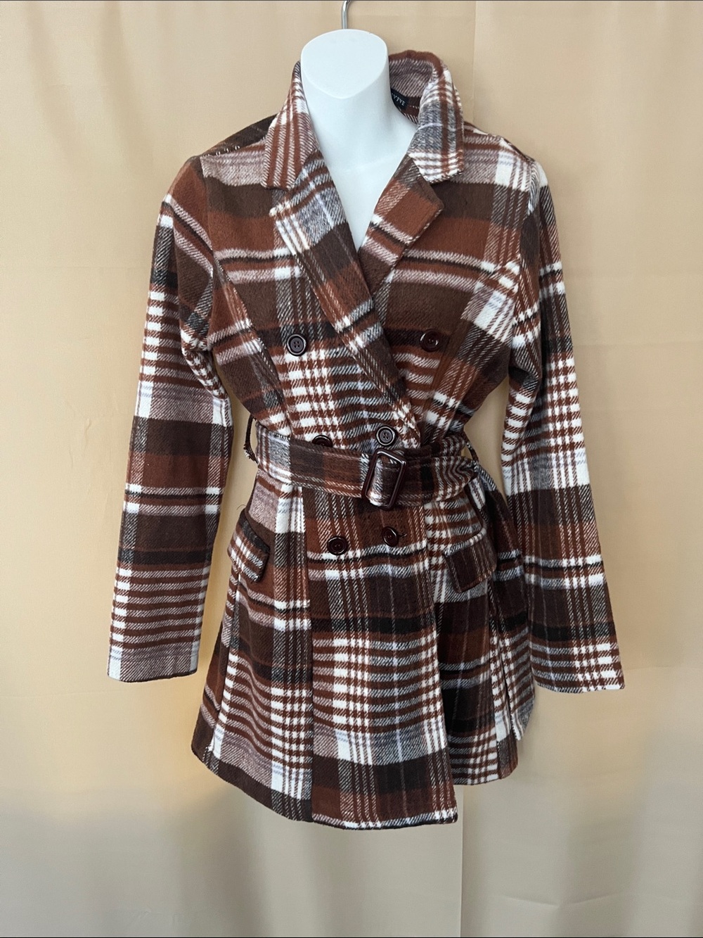 HYFVE Brown and Cream Plaid Double-Breasted Belted Pea Coat